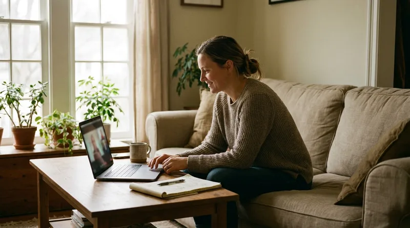 Woman on a telehealth video call from her living room with a notepad of questions beside her