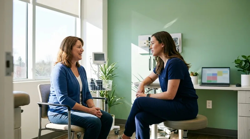 Female patient discussing symptoms with her primary care provider during an exam room visit