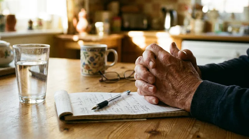 Hands resting beside a glass of water and a notepad, tracking small everyday health changes at home