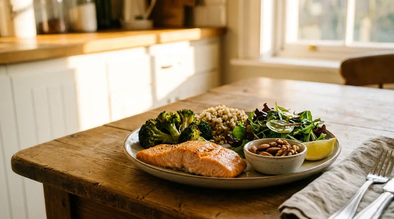 Plate of baked salmon, roasted broccoli, quinoa, and salad with olive oil, representing heart health nutrition counseling foods