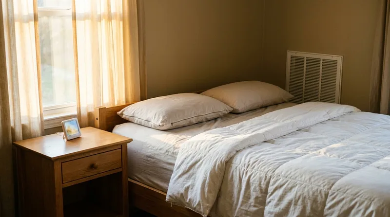 Clean bedroom with fresh white bedding and a humidity monitor on the nightstand to limit dust mites and mold