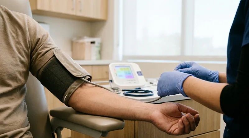 Close-up of a nurse practitioner placing a blood pressure cuff on a patient's arm during a heart screening visit.