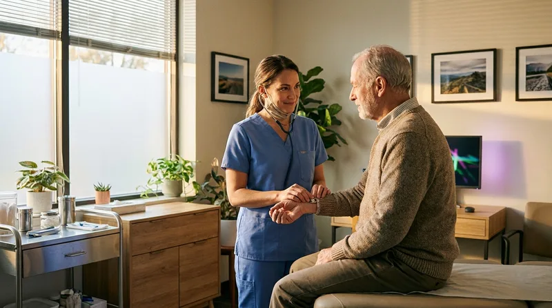 Nurse practitioner checking an older adult patient's pulse during a primary care visit