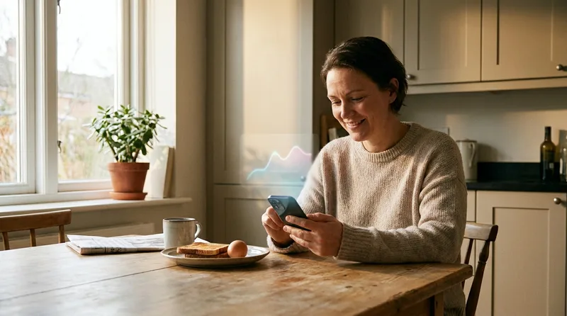 Adult reviewing a glucose trend graph on a smartphone at home in the morning