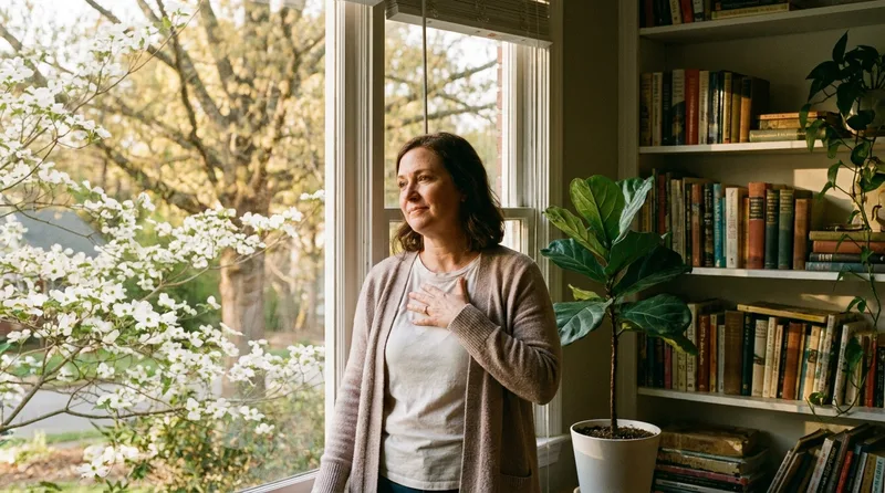 Adult pausing beside an open window with a hand on their chest, noticing new breathing trouble