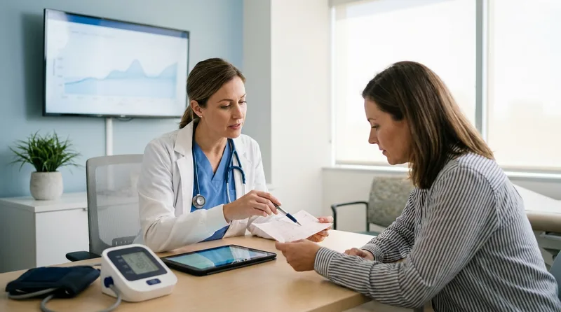 Nurse practitioner reviewing blood pressure and lab results with a patient during a kidney monitoring visit