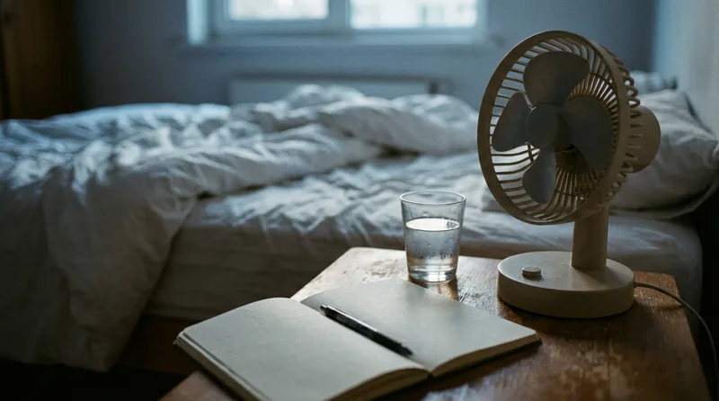 Bedside table with a small fan, glass of water, and notebook in early morning light