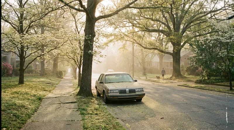 Yellow tree pollen coating a car windshield and branches on a tree-lined Atlanta street in spring