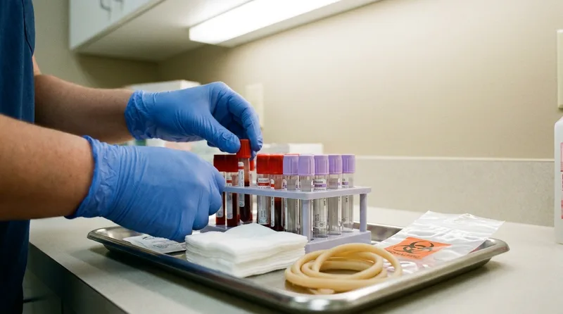 Gloved hands placing blood collection tubes in a rack during a routine lipid panel blood draw