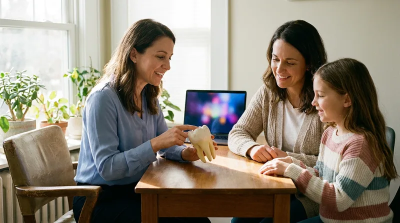 Dentist explaining sealants to a mother and daughter using a large model of a molar
