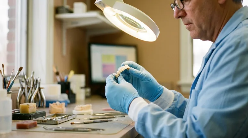 Dental technician inspecting a porcelain bridge in an in-house dental lab