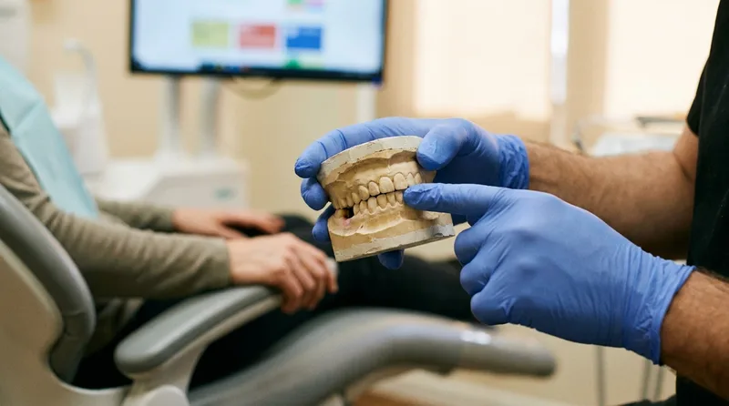 Dentist holding a dental bite model to show how a missing tooth can change the way teeth meet