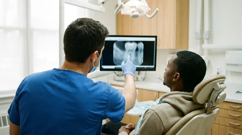 Dentist checking an X-ray of the tooth under a crown that fell off