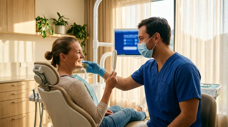 Patient checking a temporary tooth in a mirror after a same-day implant appointment