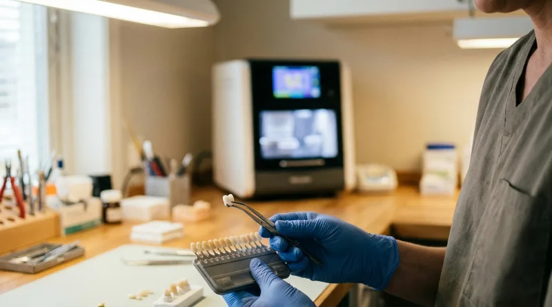 Technician checking the shade of a custom implant crown in an in-house dental lab