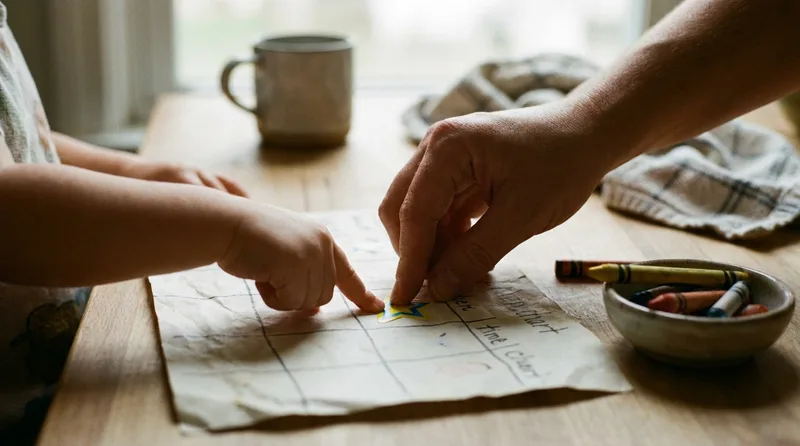 Parent and child adding a sticker to a reward chart for thumb-free days