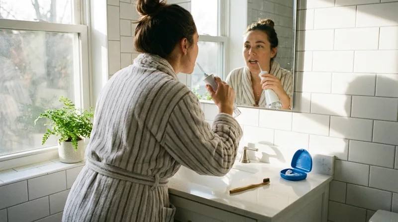 Person using a water flosser at home as part of a daily routine to help dental implants last longer