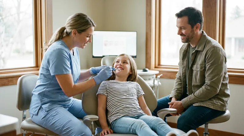Hygienist brushing fluoride varnish onto a young girl's teeth while her father watches