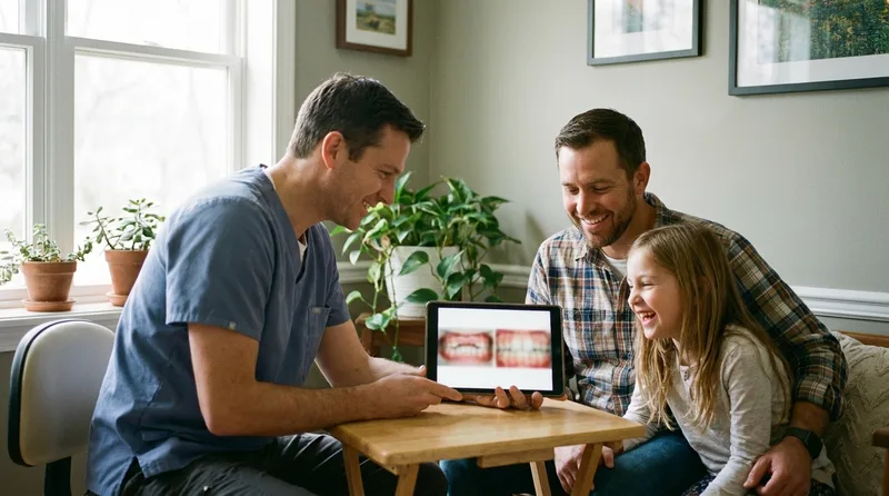 Dentist reviewing photos of a girl's teeth on a tablet with her and her father