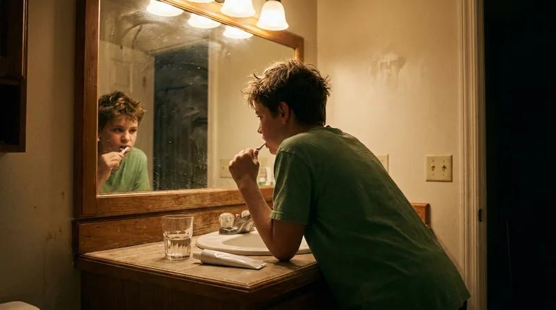 Preteen boy carefully brushing his back molars at the bathroom sink in the evening