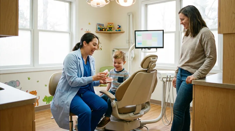 Dentist explaining a teeth model to a young child about a thumb sucking habit
