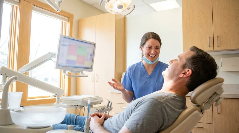 Dentist explaining the numbing process to a patient before a filling