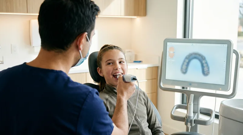 Dentist digitally scanning a young athlete's teeth to make a custom mouthguard
