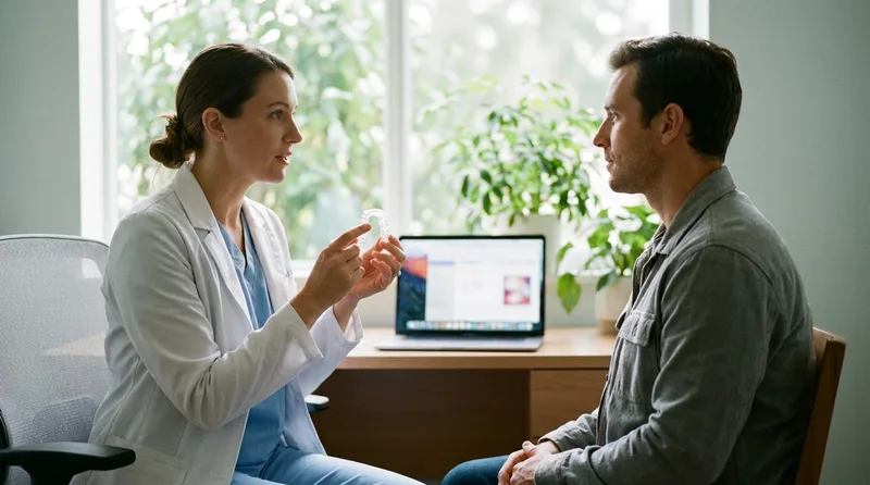 Dentist showing a patient a custom oral appliance for sleep apnea