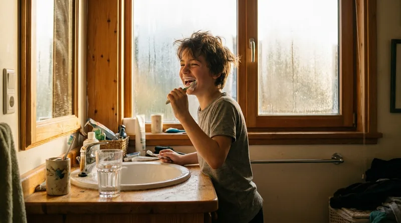 Teenager brushing their teeth in the morning as part of a healthy routine