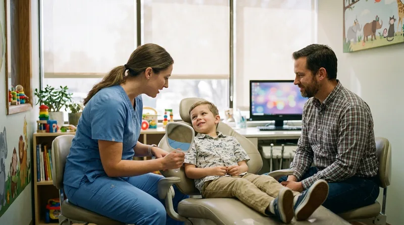 Dental assistant showing a relaxed boy a small mirror before using it, father nearby