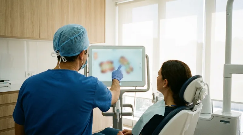 Dentist reviewing a digital aligner plan that shows where attachments go