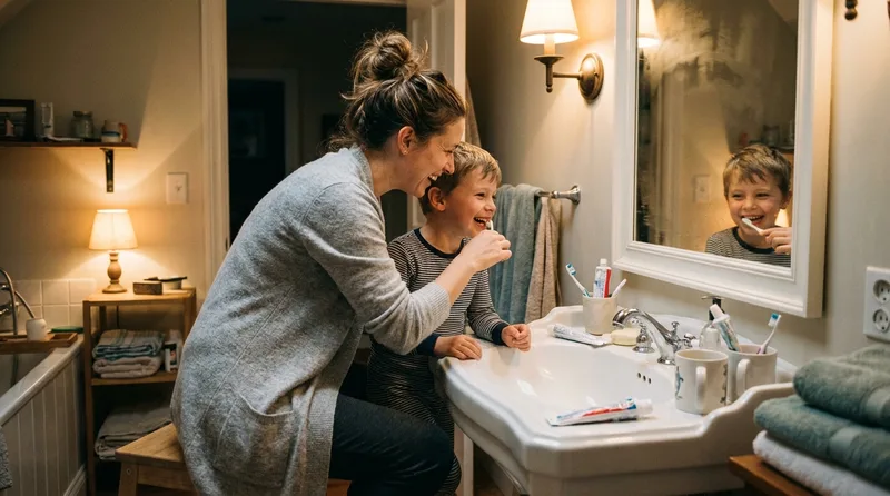 Mother helping her son brush carefully around his back teeth at the bathroom sink