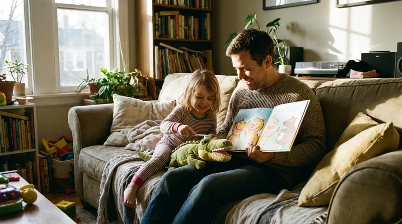 Father reading a picture book about the dentist to his toddler daughter at home