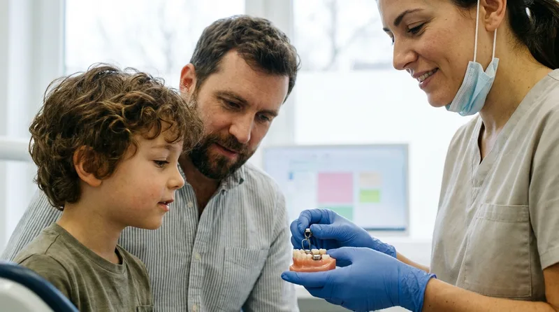 Dentist showing a band-and-loop space maintainer on a dental model to a boy and his father