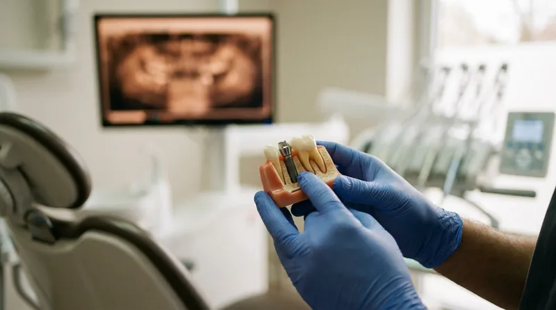 Dentist holding an implant model beside a jaw model to show placement after bone graft healing