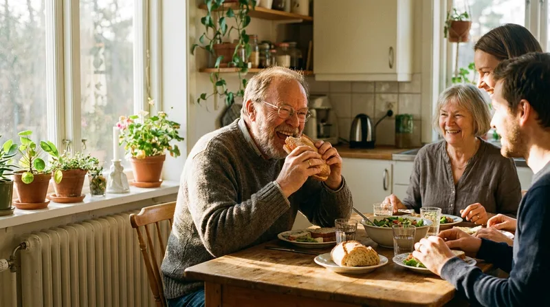 Older adult eating comfortably with family years after getting dental implants