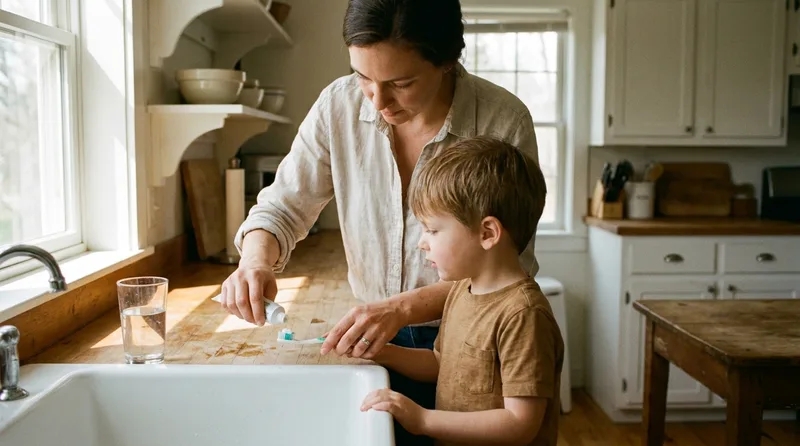 Mother helping her young son put a pea-sized amount of toothpaste on his toothbrush