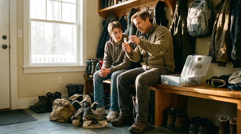 Parent and teen checking a chewed sports mouthguard for wear before the season