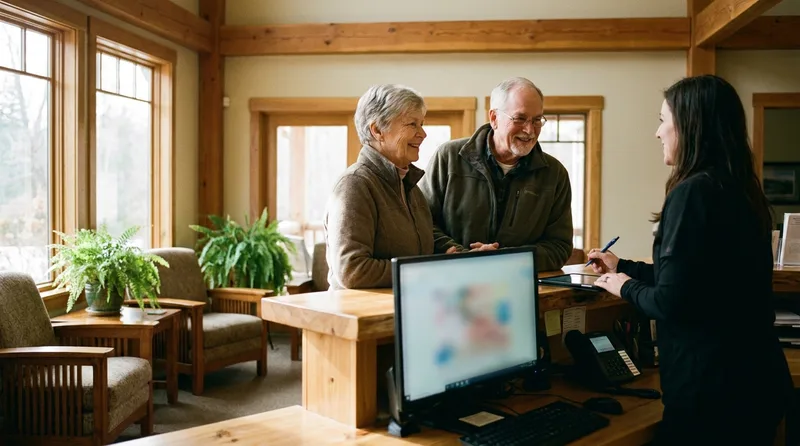 Older couple checking in for a yearly denture checkup at a welcoming dental office