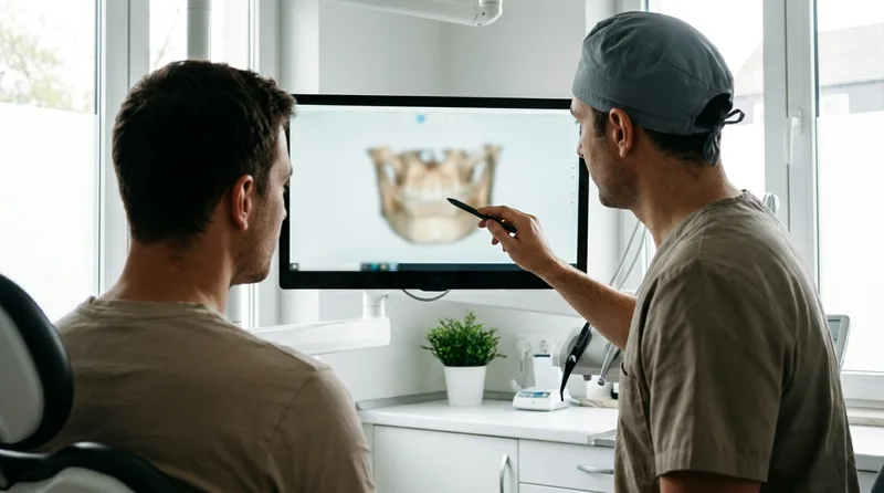 Patient and dentist reviewing a 3D jawbone scan to check bone changes under a missing tooth