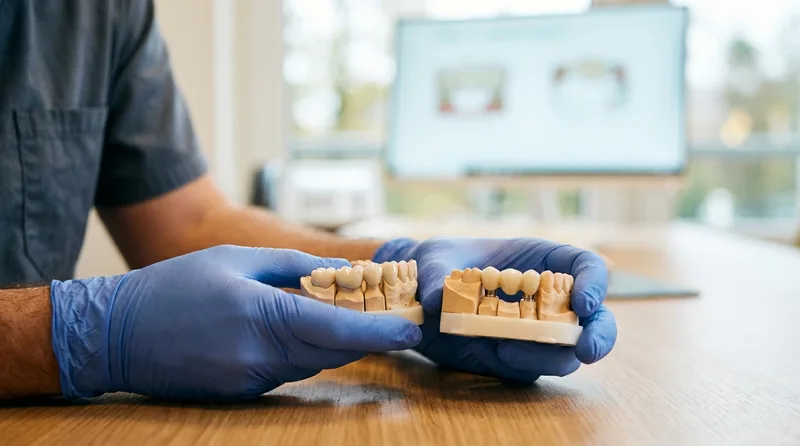 Dental models comparing an implant bridge vs traditional bridge side by side