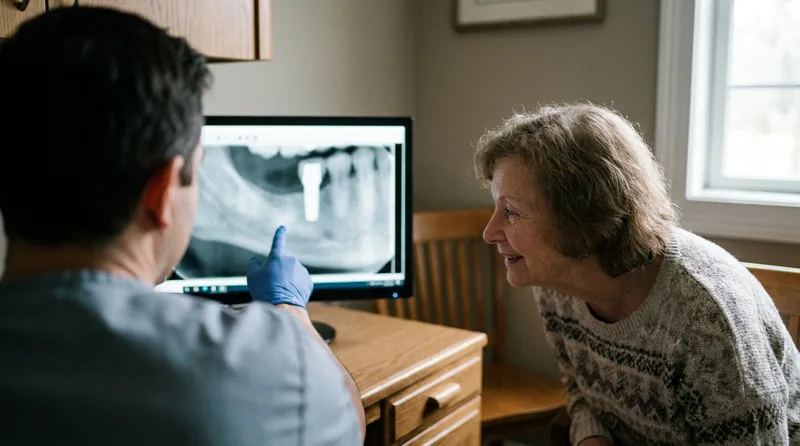 Dentist reviewing an implant X-ray with a patient to tell a loose crown from a failing implant