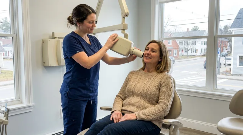 A dental assistant aligning an X-ray unit near a seated patient who wears no lead apron, in line with ADA guidance