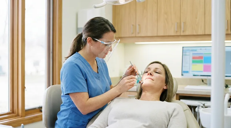 Hygienist checking the gums around a dental implant for early signs of dental implant failure