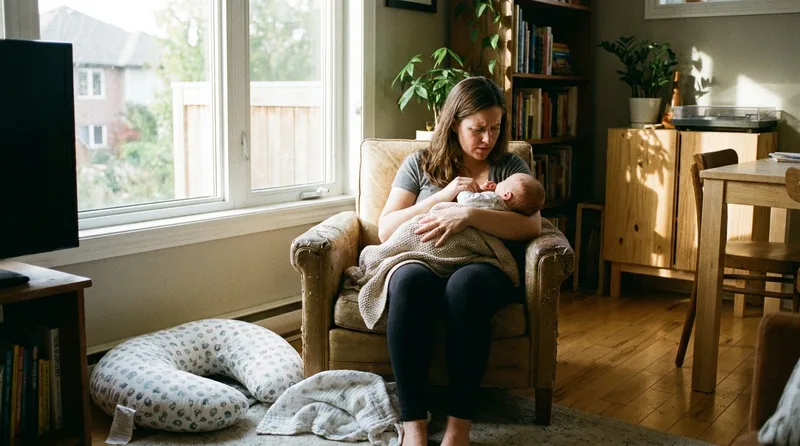 Mother holding her young baby in a nursing chair by a sunny window