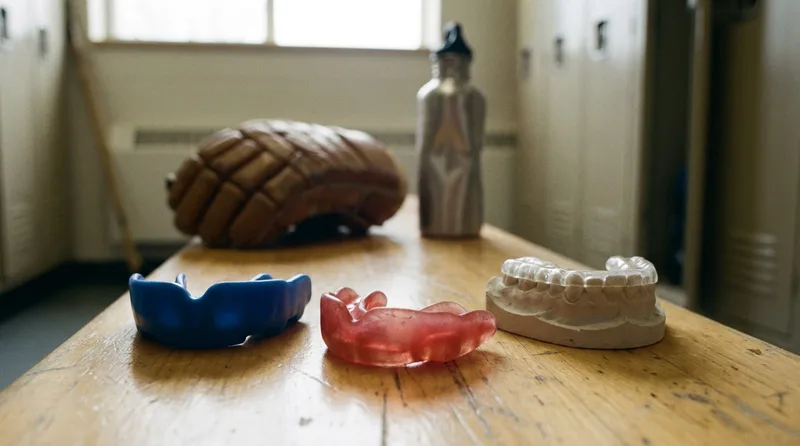 Stock, boil-and-bite, and custom mouthguards side by side on a locker room bench