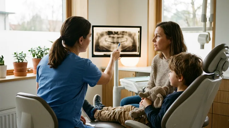 Dentist showing a mother her son's dental X-ray on a monitor while the boy sits in the chair