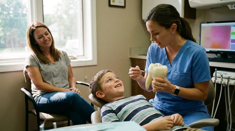 Hygienist showing a school-age boy a model of a back molar and its deep grooves