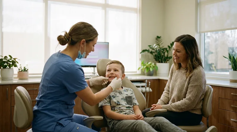 Dentist checking how a seven-year-old boy's teeth meet as he bites together