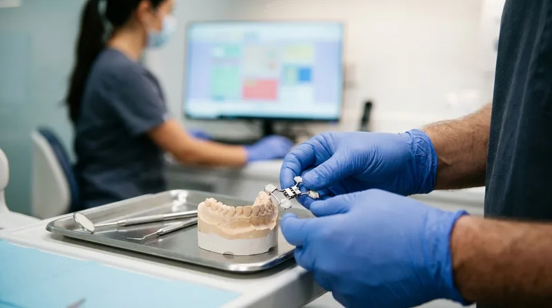 Dentist holding a small palatal expander next to a model of a child's upper teeth